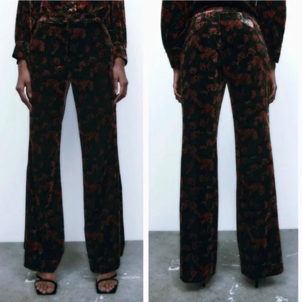 Zara Black & Red Floral Velvet Printed The Charlotte Flare Pants
